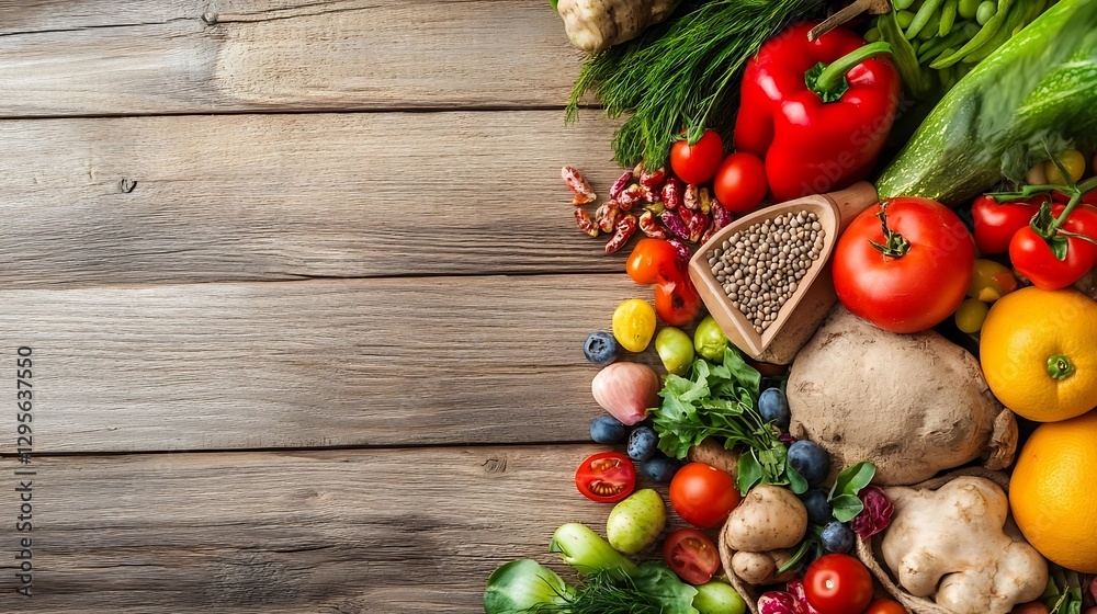 Fresh and vibrant assortment of vegetables and fruits laid out on a wooden surface for healthy cooking : Generative AI