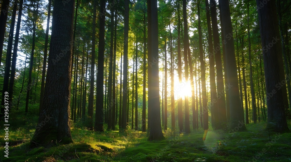 Obraz premium Sunlight Filtering Through Tall Trees in a Lush Green Forest Creating an Enchanting Atmosphere : Generative AI
