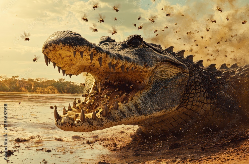 Fototapeta premium Ferocious Alligator Surrounded by Swarming Bees in a Dynamic Natural Setting by the Water's Edge at Sunset