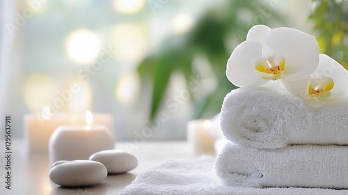 Luxurious Spa Setup with Soft Towels and White Orchids for a Peaceful Relaxation Experience : Generative AI