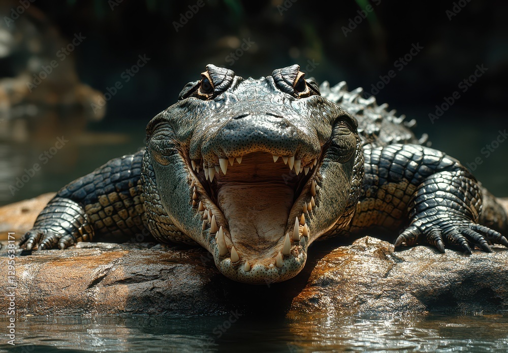 Fierce Alligator Displaying Sharp Teeth and Open Mouth While Resting on a Rock in a Lush Natural Habitat With Calm Water Background Fierce Alligator Displaying Sharp Teeth and Open Mouth While Resting on a Rock in a Lush Natural Habitat With Calm Water Background
