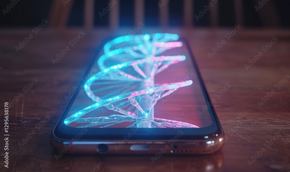 Glowing DNA Helix Displayed On A Smartphone Screen. the convergence of biology and technology.