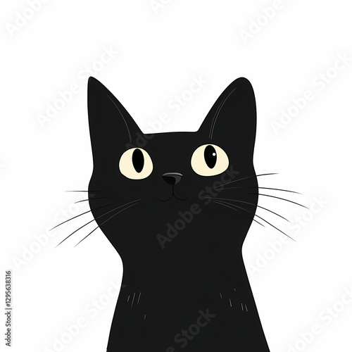 A stylized illustration of a black cat with wide, bright eyes and a curious expression, set against a clean, white background.
