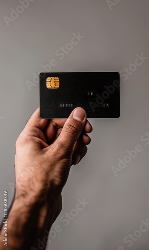 Obraz na płótnie A hand holds a black credit card against a gray background w salonie