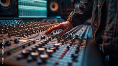 Hand Adjusting Audio Mixing Board Controls In Studio