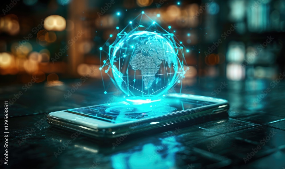 Holographic globe representing global network connectivity displayed on a modern smartphone.