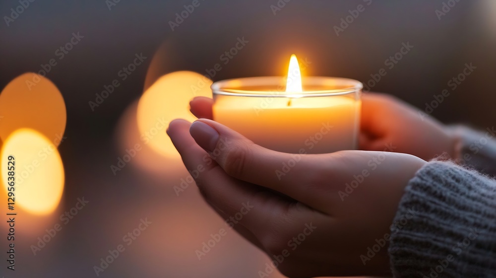 Warm Candle in Hands with Soft Glow Against Blurred Background of Lights : Generative AI