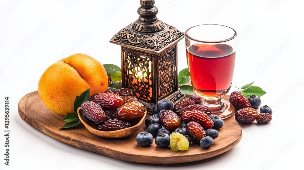 Ramadan dates, fruit, and beverages with a lantern on a plain background Ramadan dates, fruit, and beverages with a lantern on a plain background