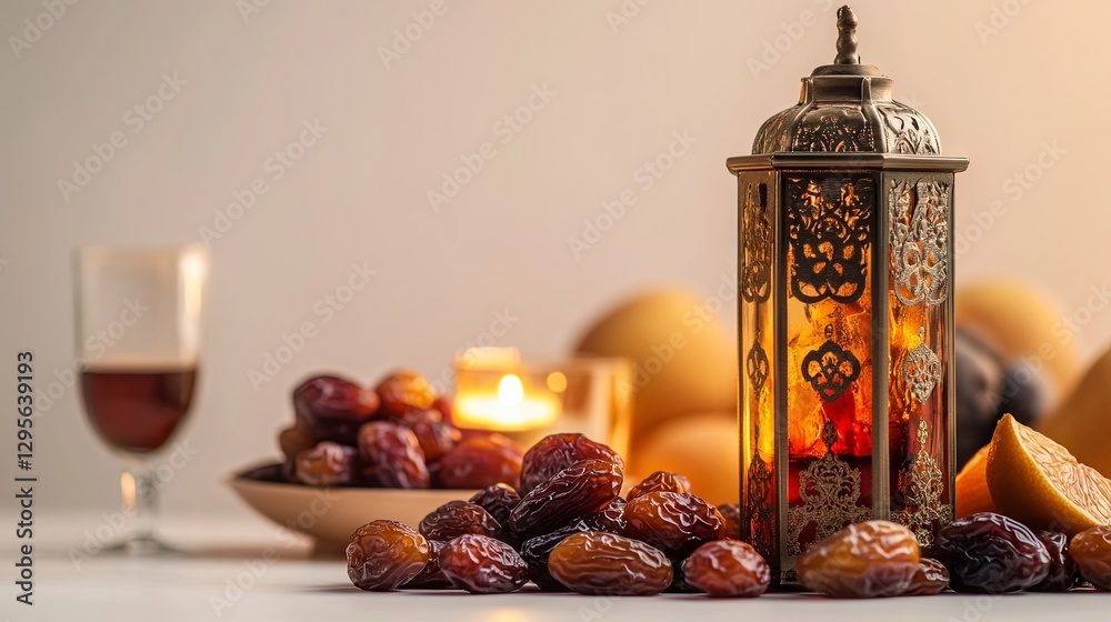 Ramadan dates, fruit, and beverages with a lantern on a plain background Ramadan dates, fruit, and beverages with a lantern on a plain background