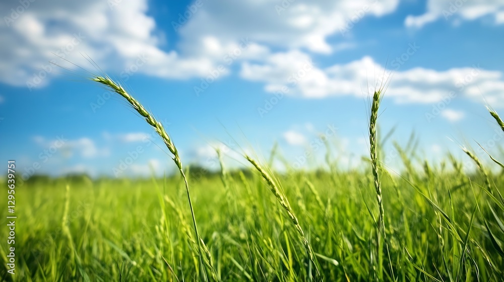 Fototapeta premium Closeup of tall green grass blades swaying gently against a bright blue sky with fluffy clouds : Generative AI