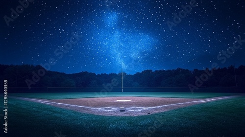 Night baseball field under a starry sky with light trails.