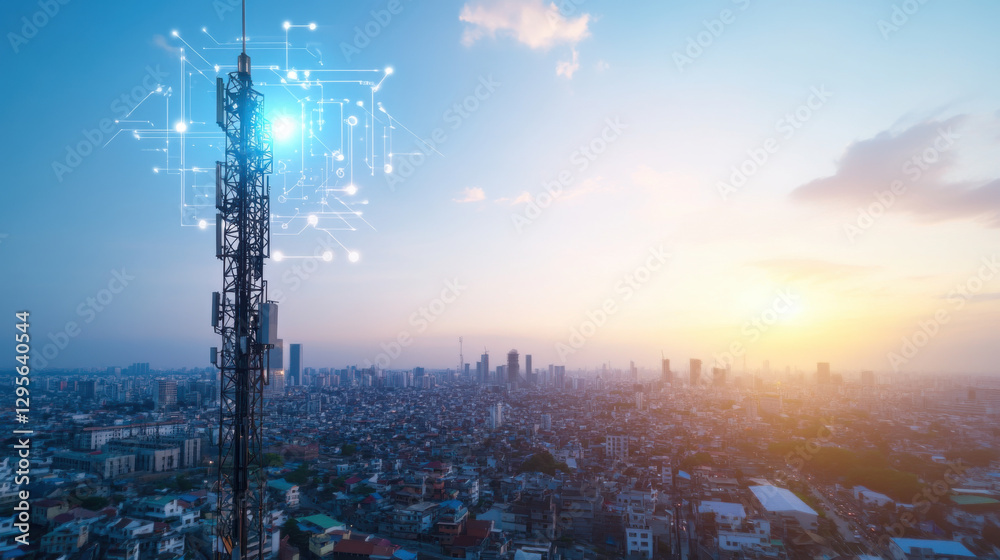 Obraz premium communication tower transmitting signals over city skyline at sunset, symbolizing connectivity and technology