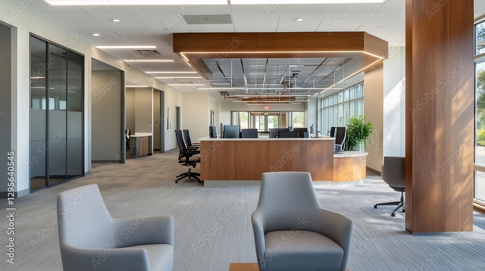 Fototapeta premium Modern Office Interior Design with Spacious Layout and Comfortable Seating Areas : Generative AI