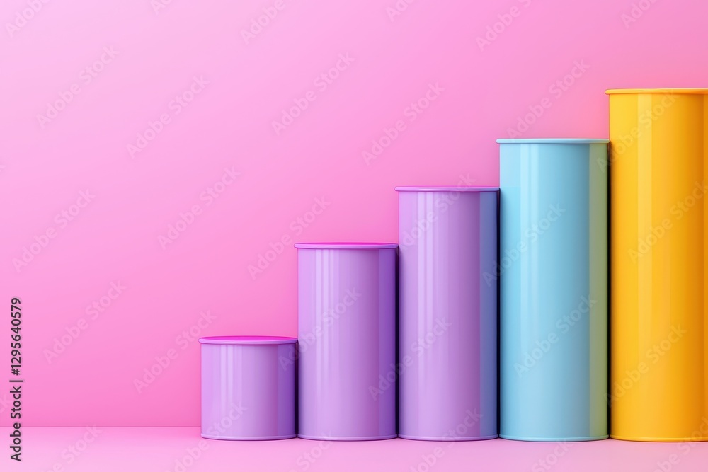 A vibrant image featuring colorful cylindrical containers arranged in ascending order against a bright pink background. A vibrant image featuring colorful cylindrical containers arranged in ascending order against a bright pink background.
