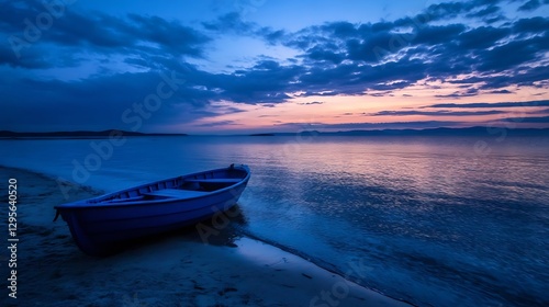 Serene Sunset Over Calm Water With Boat at Beach : Generative AI