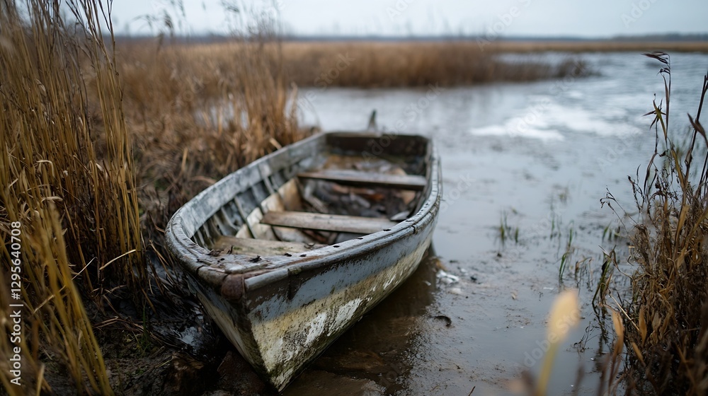 Abandoned Boat in Marshland Capturing the Beauty of Decay and Nature : Generative AI