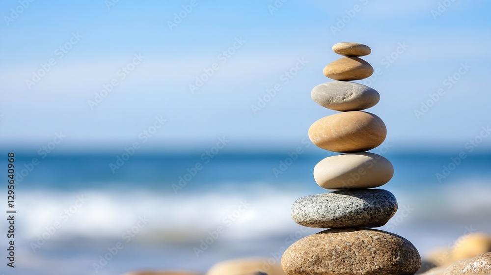 Balanced stones stacked on a beach with ocean waves in the background representing tranquility and harmony in nature : Generative AI Balanced stones stacked on a beach with ocean waves in the background representing tranquility and harmony in nature : Generative AI