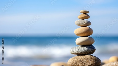 Balanced stones stacked on a beach with ocean waves in the background representing tranquility and harmony in nature : Generative AI