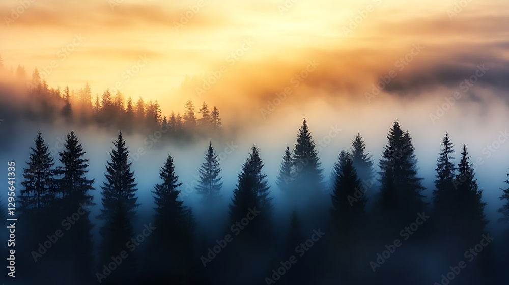 Obraz premium Misty forest landscape at sunrise with silhouetted trees emerging from a layer of fog : Generative AI