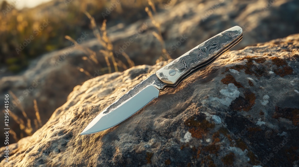 A pocket knife with ornate details is displayed on a stone A pocket knife with ornate details is displayed on a stone