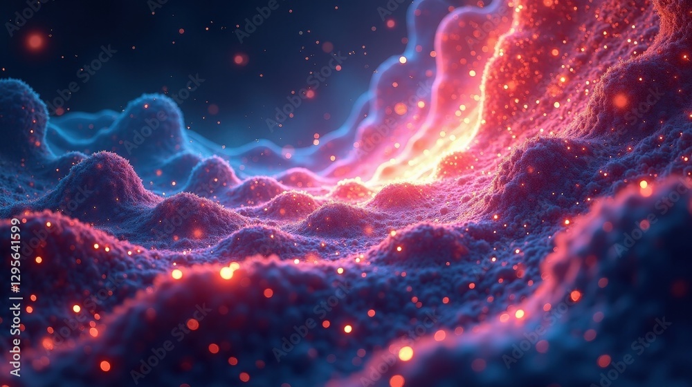 Obraz premium An abstract explosion of quantum fractals, cascading waves of neon light, reality dissolving into mathematical patterns, glowing particles forming and disintegrating