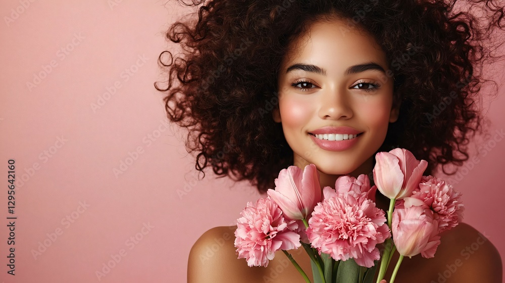 Joyful woman with dark curly hair holding pink carnations, perfect for International Women's Day, floral arrangements, or beauty campaigns. Joyful woman with dark curly hair holding pink carnations, perfect for International Women's Day, floral arrangements, or beauty campaigns.