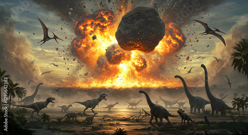 Asteroid Impact with Dinosaurs at Prehistoric Explosion on Earth