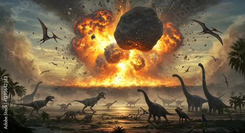 Fototapeta Asteroid Impact with Dinosaurs at Prehistoric Explosion on Earth