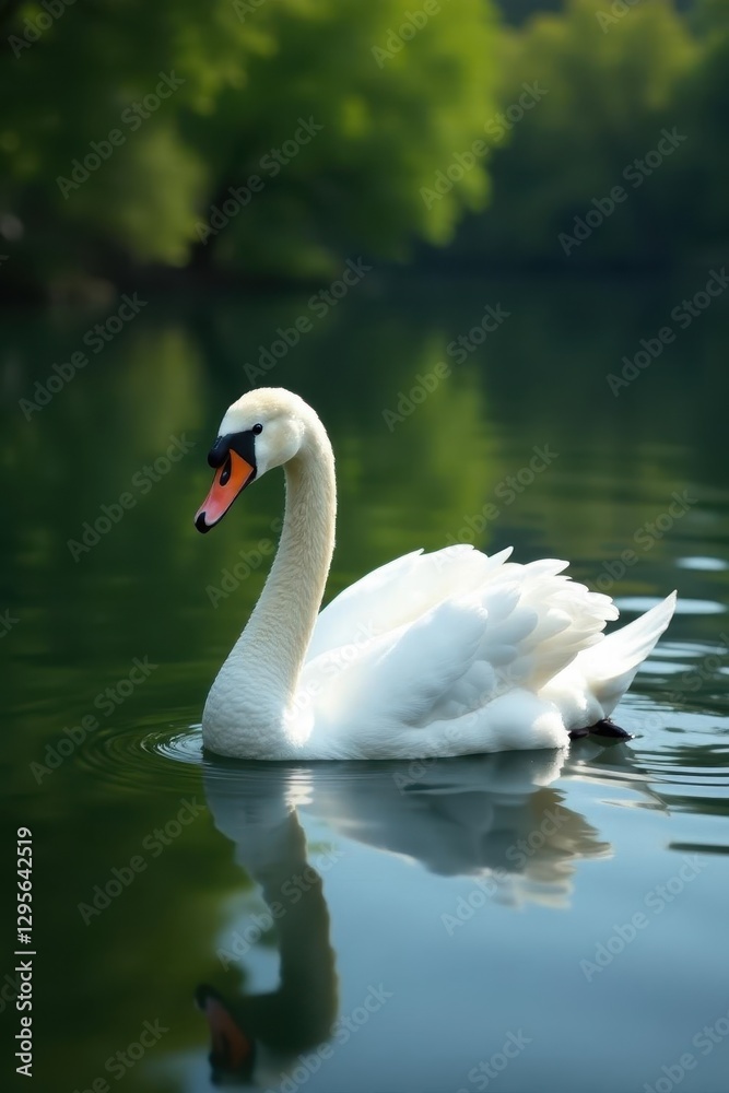 Elegant white swan floats serenely on calm pond water , fauna, lake Elegant white swan floats serenely on calm pond water , fauna, lake