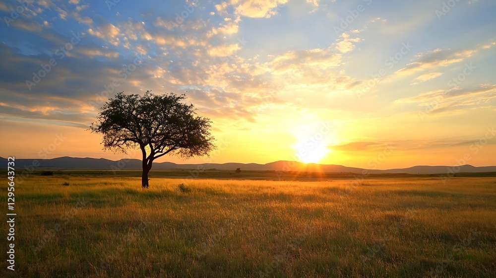 Lone Tree in Field at Sunset with Golden Sky and Countryside Landscape : Generative AI Lone Tree in Field at Sunset with Golden Sky and Countryside Landscape : Generative AI