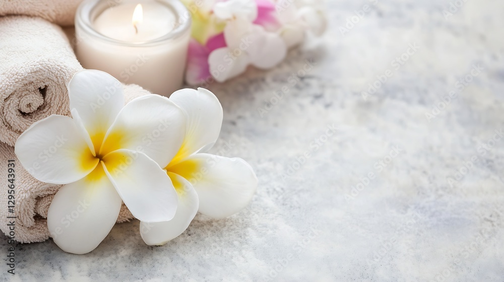 Peaceful Spa Arrangement with White Flower, Towel and Candle for Relaxation : Generative AI Peaceful Spa Arrangement with White Flower, Towel and Candle for Relaxation : Generative AI