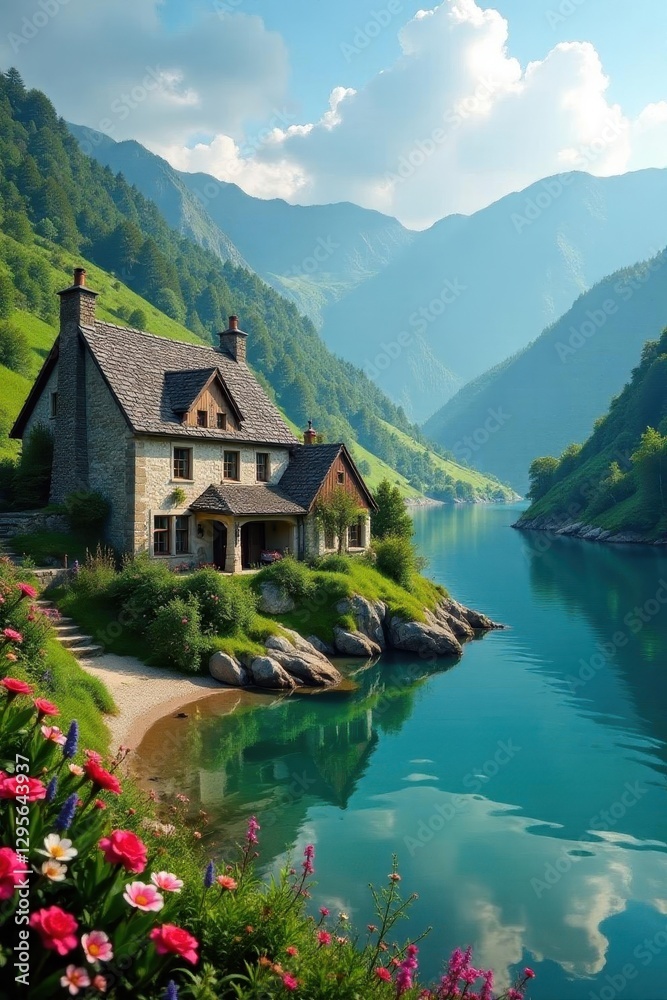 Fototapeta premium Charming stone cottages, rolling hills, serene lake , picturesque, landscape, village