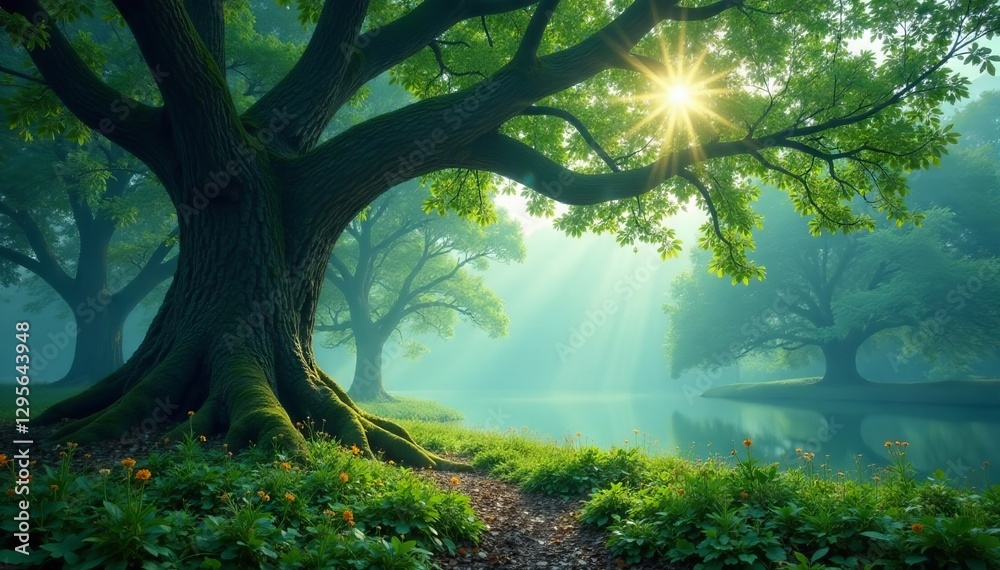 Fototapeta premium Misty forest scene, ancient oak, meditation spot, peaceful, organic, solitude