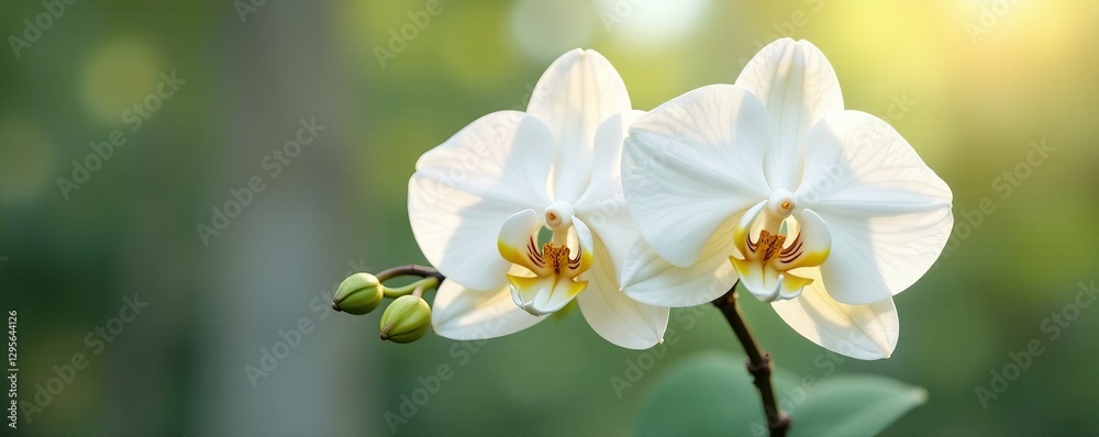 Obraz premium Elegant white orchid blossoms with unopened buds in soft natural light, nature, beauty, elegant