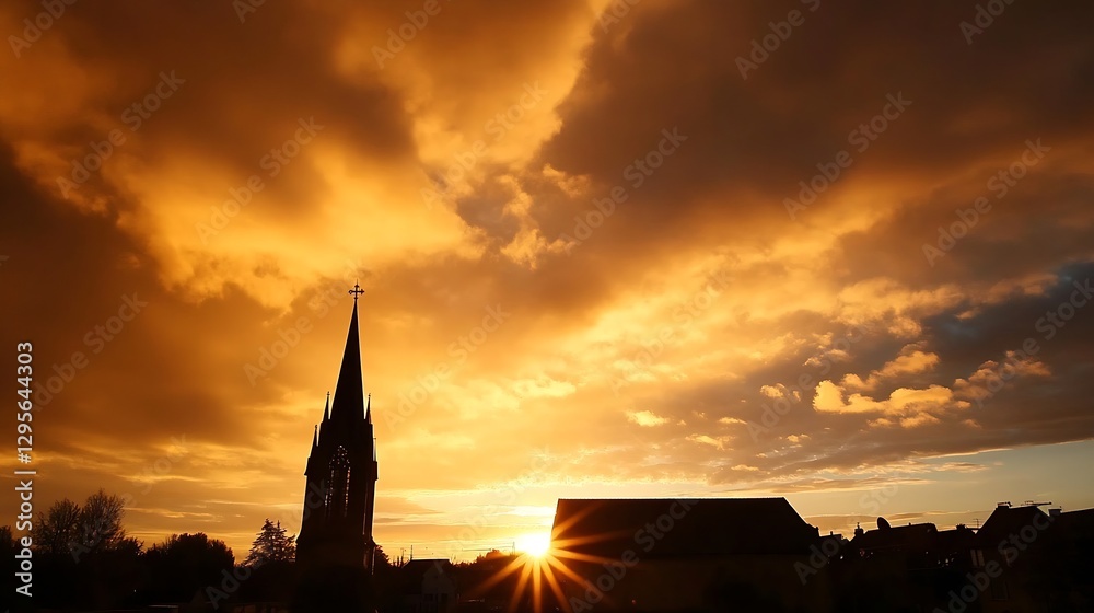 Obraz premium Silhouette of Historic Church Against Fiery Sunset Sky with Dramatic Clouds : Generative AI