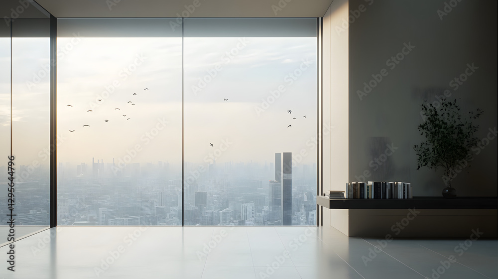 Obraz premium A sleek interior space features floor-to-ceiling glass walls, revealing a sprawling city below. Soft light fills the room as birds fly in the twilight sky, creating a tranquil ambiance.