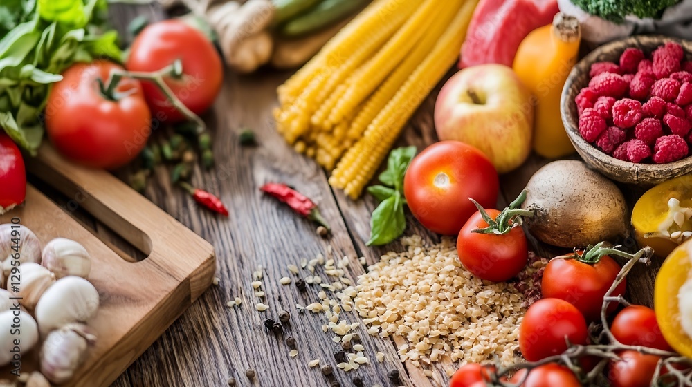 Fresh Organic Vegetables and Fruits Displayed on Wooden Table for Healthy Cooking and Nutrition : Generative AI Fresh Organic Vegetables and Fruits Displayed on Wooden Table for Healthy Cooking and Nutrition : Generative AI