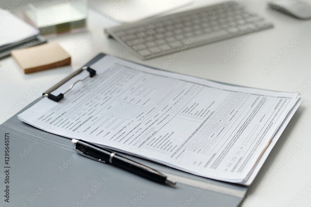 Closeup background image of clipboard with document on meeting table cluttered with papers, no people, copy space Closeup background image of clipboard with document on meeting table cluttered with papers, no people, copy space