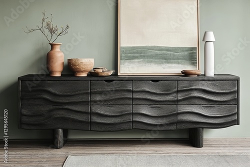 Black wood sideboard with textured doors and drawers, decorative items, placed in front of light green wall with olive gray rug.