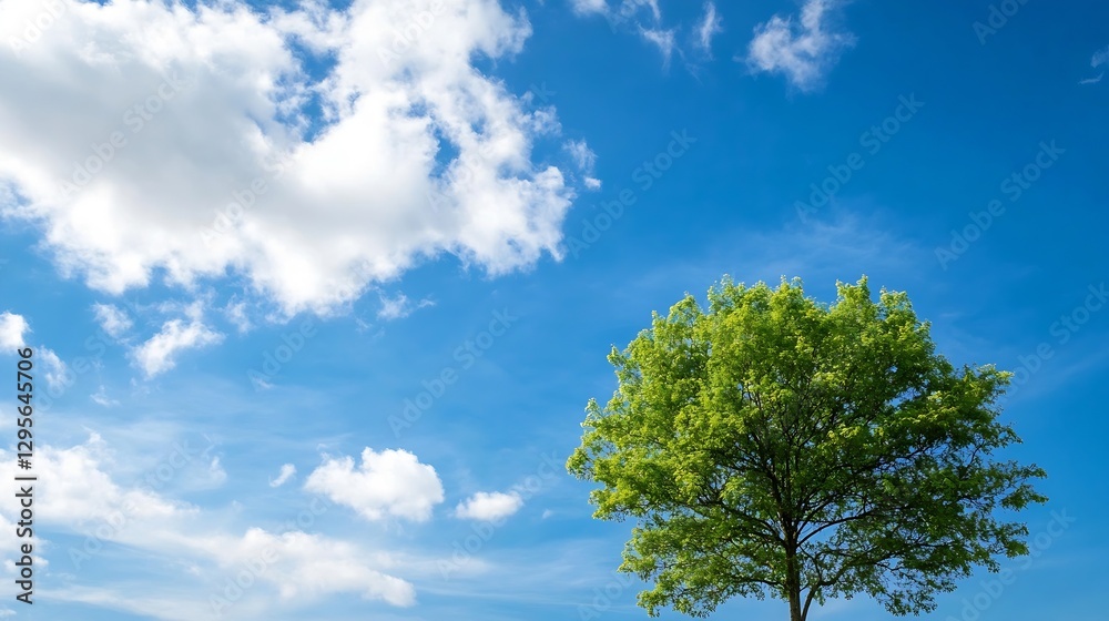 Lone Green Tree Against Bright Blue Sky and Fluffy White Clouds in Nature : Generative AI Lone Green Tree Against Bright Blue Sky and Fluffy White Clouds in Nature : Generative AI