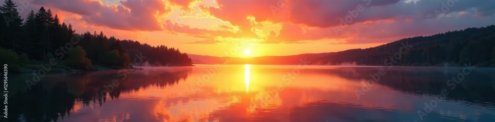 Fototapeta premium Golden sunrise paints lake, sky ablaze with color, landscape, beautiful, photography