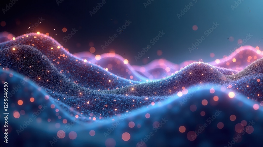 Fototapeta premium A mysterious expanse of undulating fractal waves, shimmering with spectral hues, particles dissolving into light, a hypnotic visualization of the dual nature of quantum mechanics.