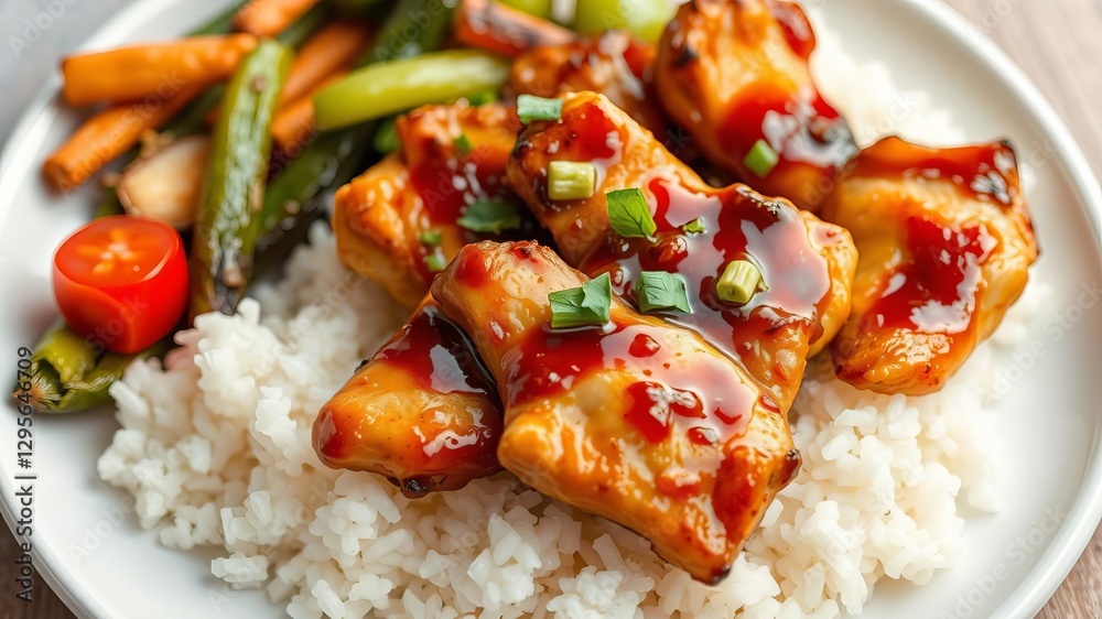 Close-up of rice topped with teriyaki chicken grill, with colorful vegetables on the side, on a white plate, rice, cuisine Close-up of rice topped with teriyaki chicken grill, with colorful vegetables on the side, on a white plate, rice, cuisine