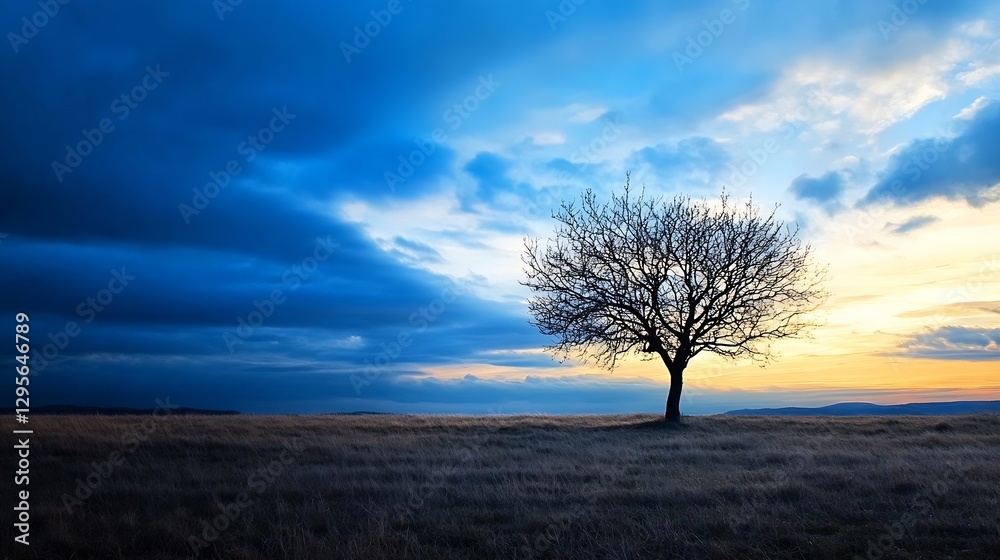 Solitary tree standing against a dramatic sky during sunset highlighting nature's beauty : Generative AI Solitary tree standing against a dramatic sky during sunset highlighting nature's beauty : Generative AI