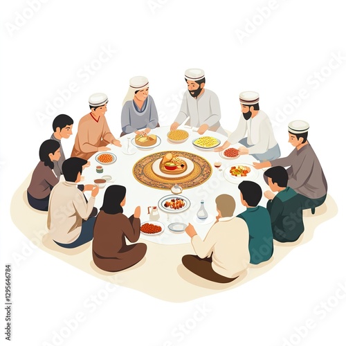Community Iftar Gathering for Ramzan Celebration Isolated on White Background