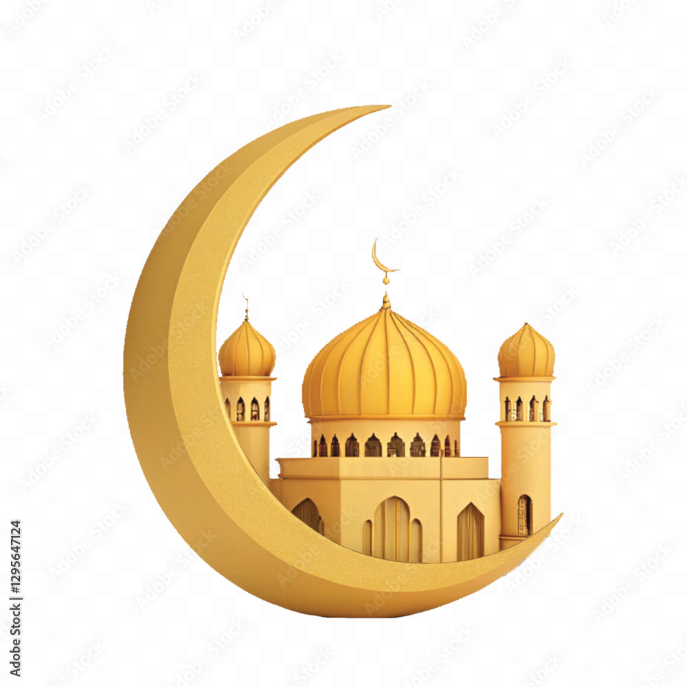 abstract 3d moon with mosque in different golden colour style isolated on white background	
