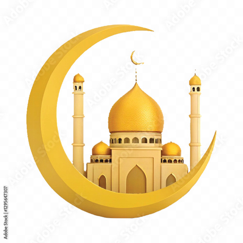 abstract 3d moon with mosque in different golden colour style isolated on white background	
