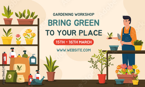 Plants gardening workshop promotion web banner. Man planting indoors, potted plants, shelves with greenery, fertilizers and gardening tools. Houseplant masterclass advertisement. Vector illustration.