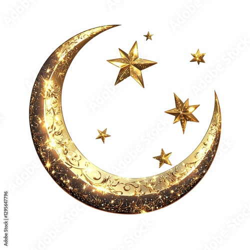 Crescent Moon Decorations for Ramzan: Traditional Islamic Symbols Isolated on White Background