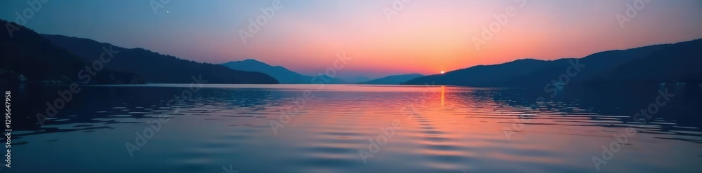 Fototapeta premium Gentle ripples disturb the lake's calm surface at dusk, peaceful ambiance, water